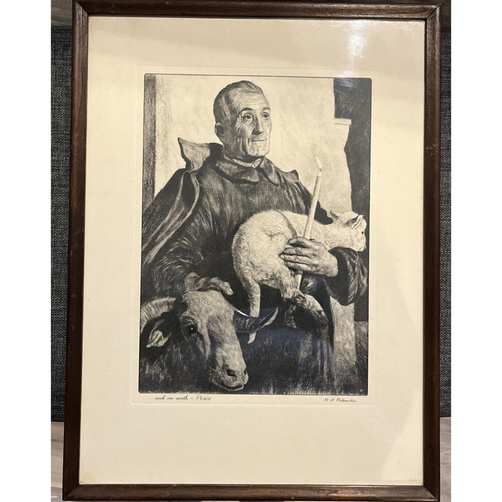 VNTG 1940’s R.H. Palenske ‘and on Earth’ Peace Etching Print-Brown & Bigelow